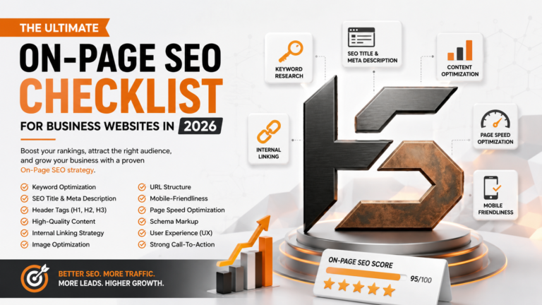 On-Page SEO Checklist for business websites including content optimization, keyword placement, internal linking, and SEO best practices