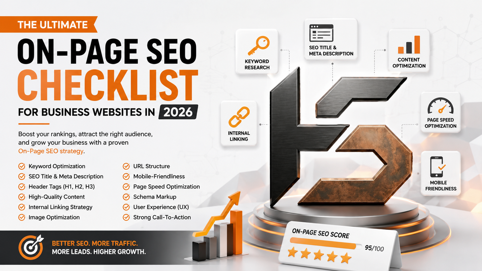 On-Page SEO Checklist for business websites including content optimization, keyword placement, internal linking, and SEO best practices
