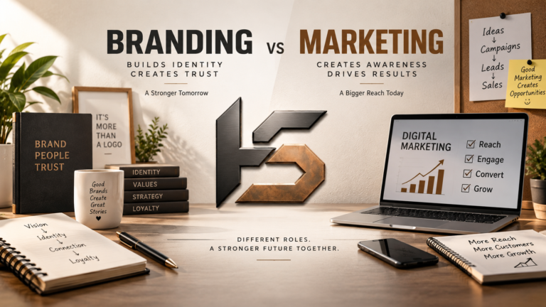 Branding vs Marketing comparison showing brand identity, customer trust, marketing strategy, and business growth