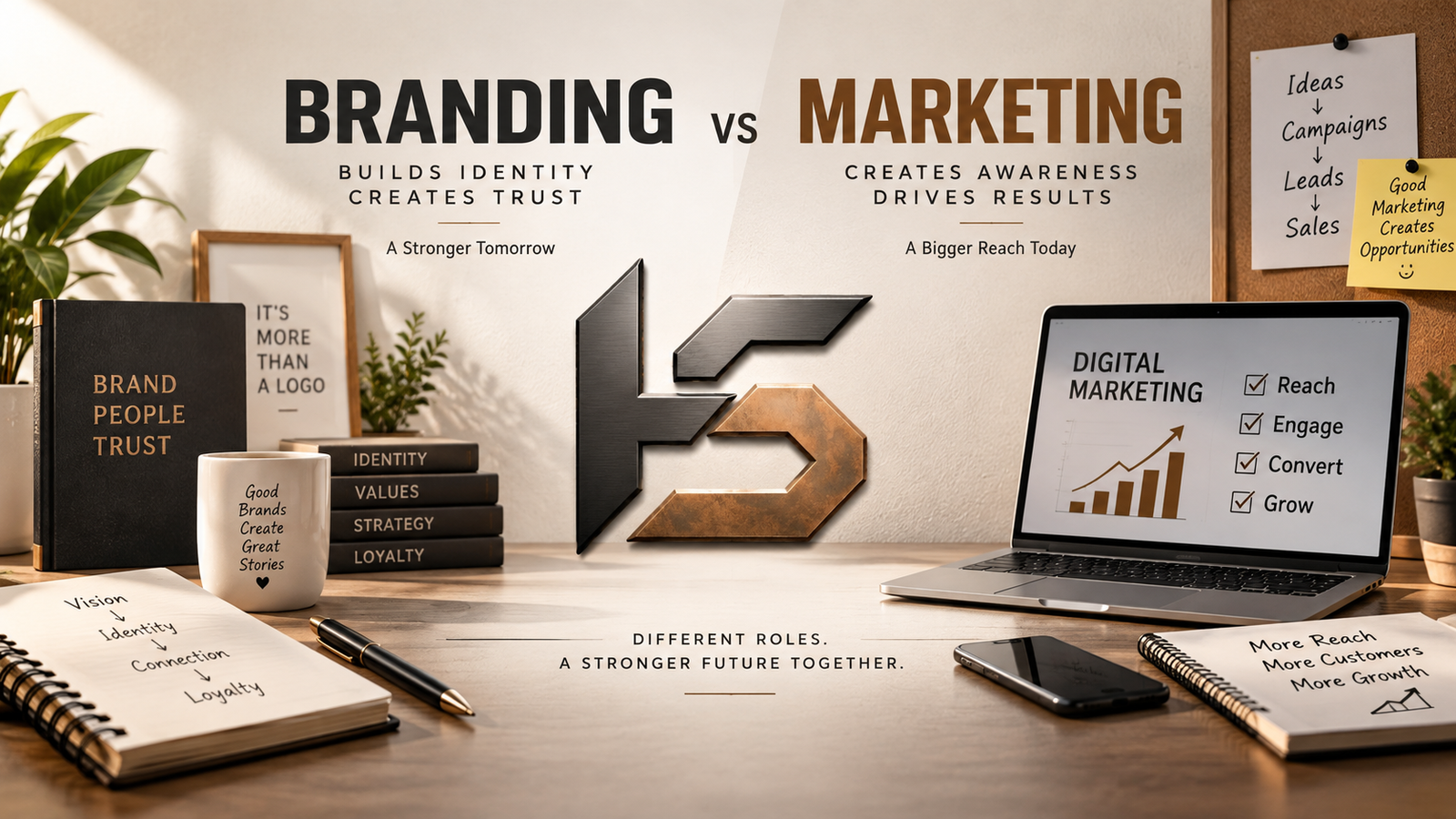 Branding vs Marketing comparison showing brand identity, customer trust, marketing strategy, and business growth