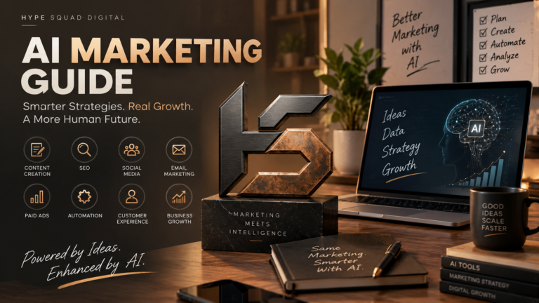 AI Marketing Guide showing artificial intelligence, digital marketing strategy, automation, SEO, content creation, and business growth