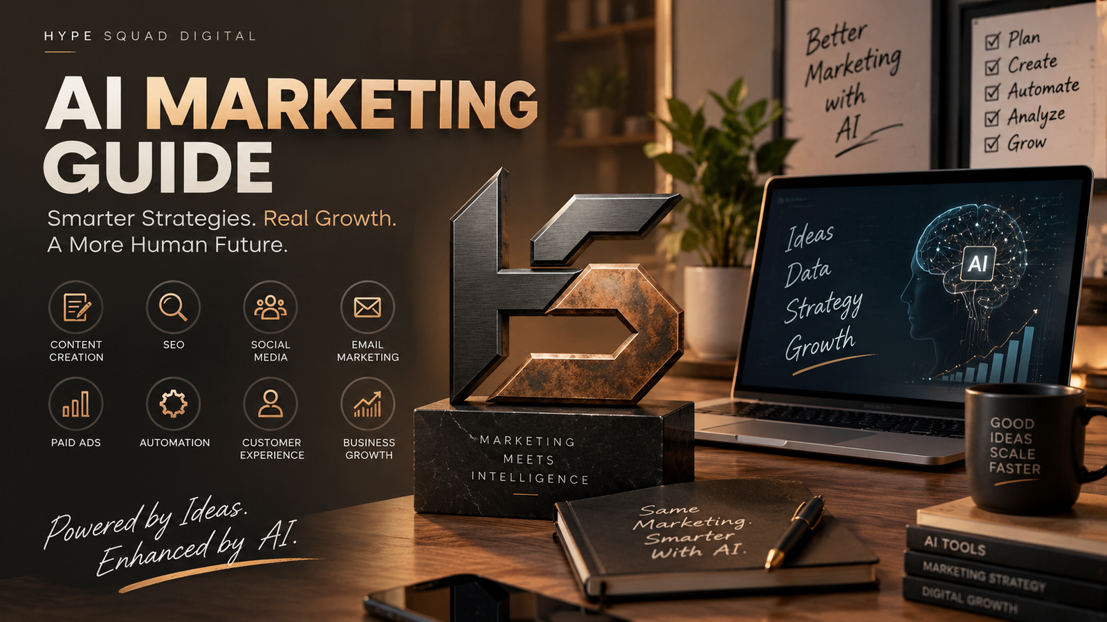 AI Marketing Guide showing artificial intelligence, digital marketing strategy, automation, SEO, content creation, and business growth